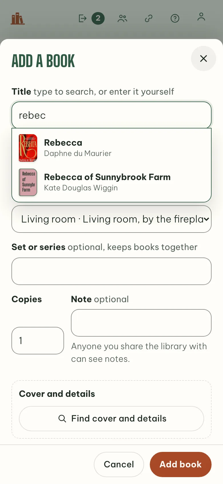 Adding a book by search: Rebecca found after five letters