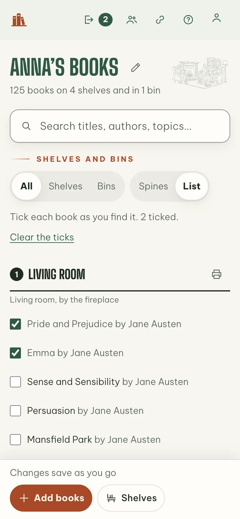 The shelves as a checklist, with two books ticked