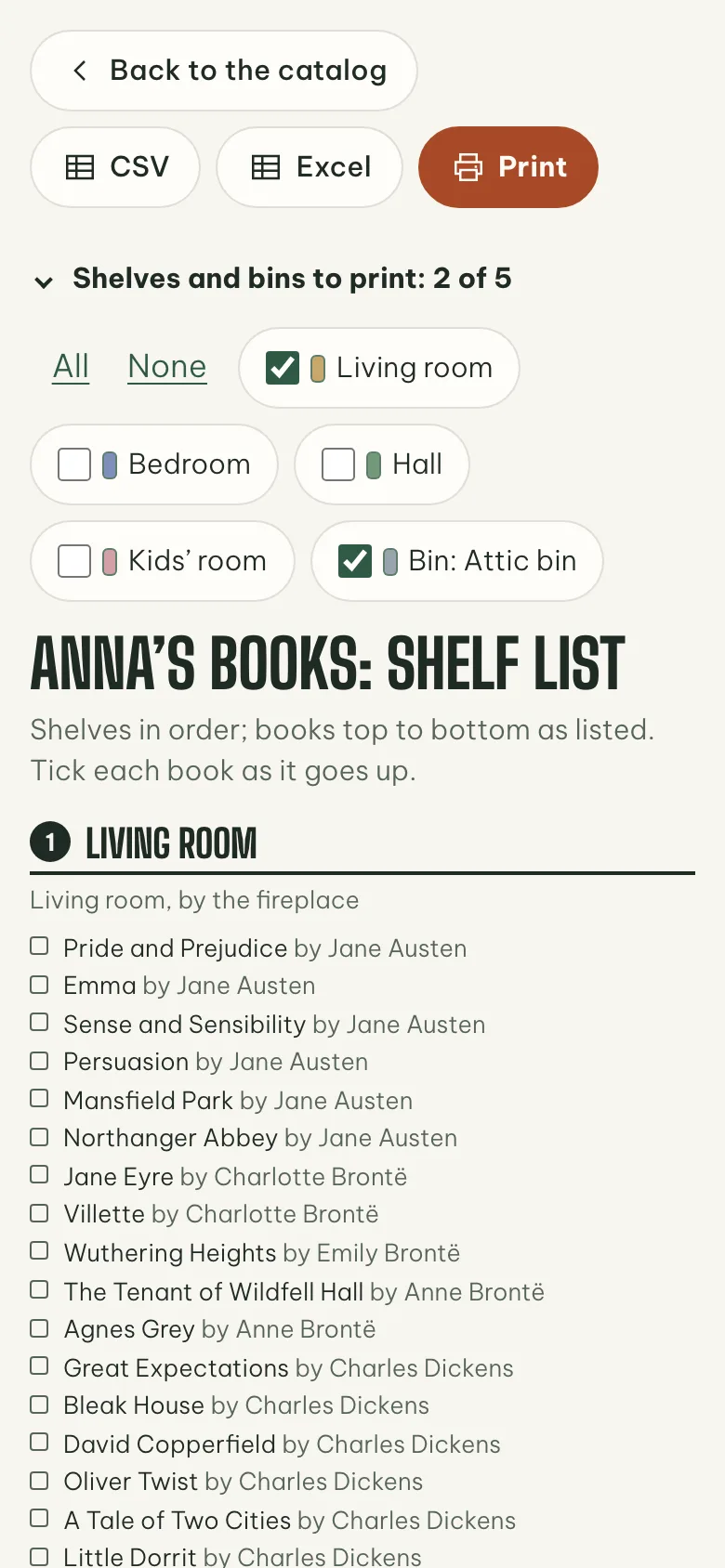 The printable shelf list, picked down to two shelves, with Excel and Print