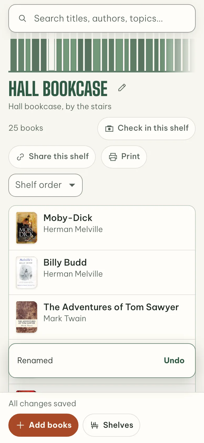 A shelf renamed right on its own page, with Undo