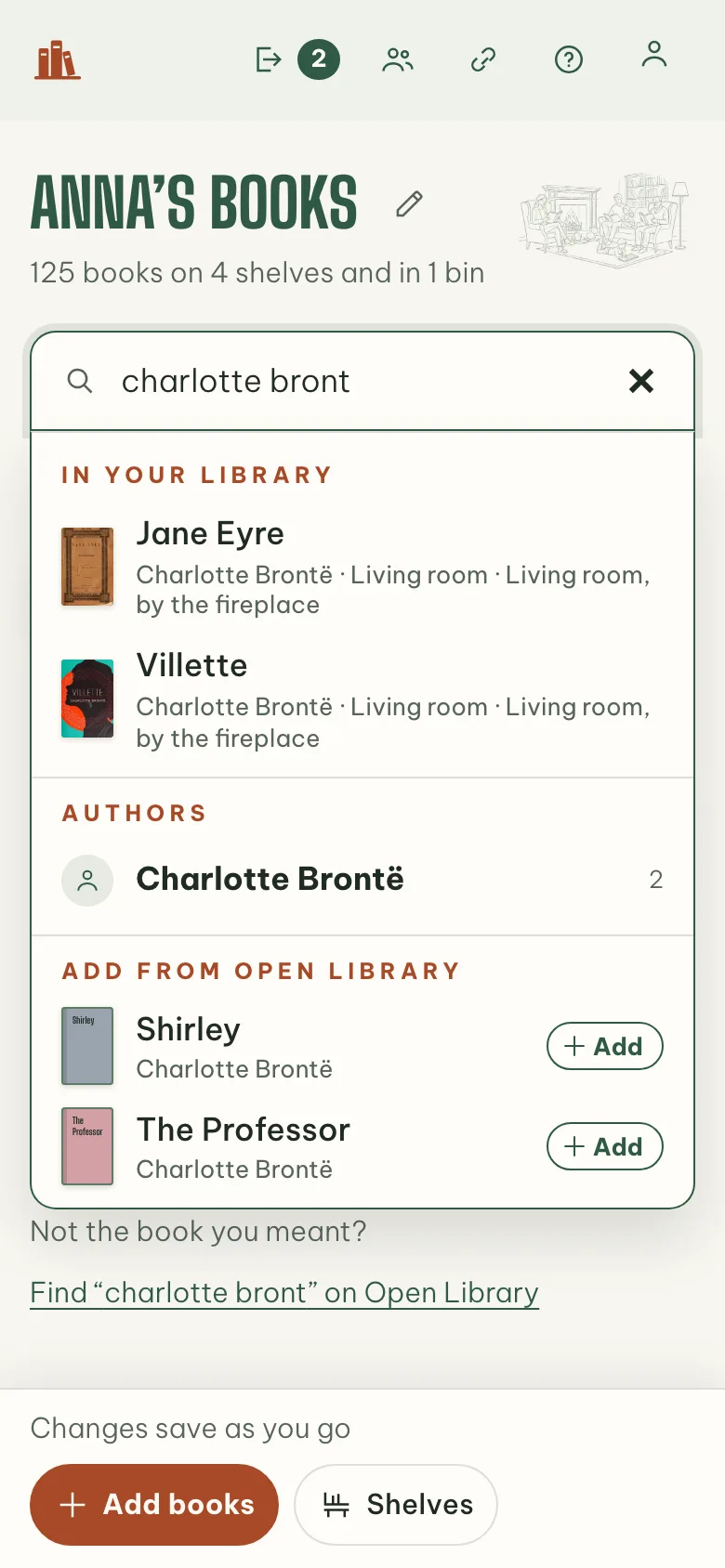 Searching “charlotte bront”: two books in the library, the author, and two more to add from Open Library